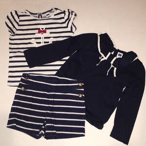 Janie And Jack 3-Piece Nautical Matching Set Shorts Tee Tops | Navy And White